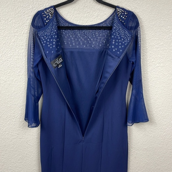 New Alex Evenings Beaded Neckline Sheath Dress Illusion Sleeves Blue Sz 6 - Picture 6 of 12